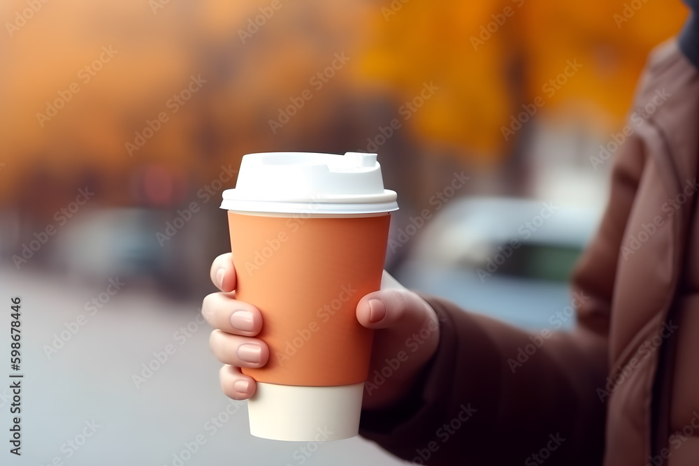 Female person holding a cup of coffee - Generative AI Female person holding a cup of coffee - Generative AI