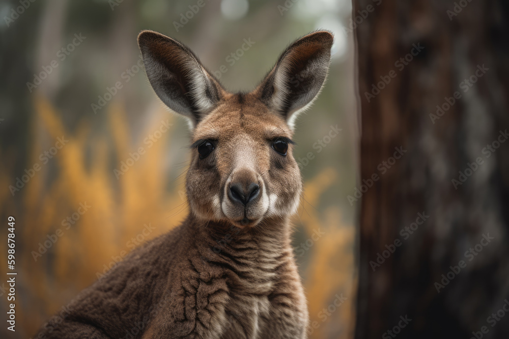 Kangaroo looking at the camera, beautiful background, ai generated.