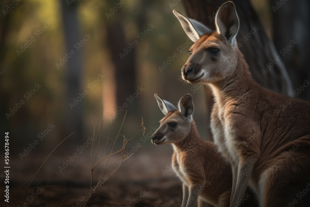 Fototapeta premium kangaroo with her baby, beautiful background, ai generated.