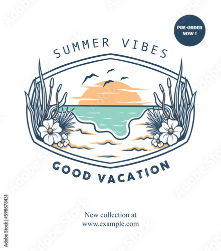 Summer beach vibes vector design with vintage tropical