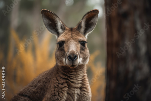 Kangaroo looking at the camera, beautiful background, ai generated.