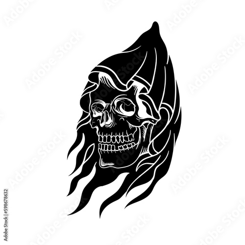 Hand drawn illustration of grim reaper head silhouette