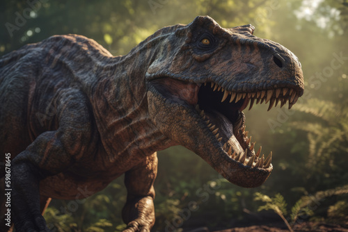 Dinosaur rex looking at the camera, beautiful background, ai generated. © Giovanna