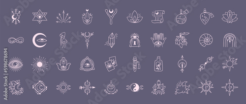 Mysticism esoteric outline icons vector bundle, mystical line monochrome clip art, Celestial floral moon, Flower and mushrooms hand drawn symbols pack, isolated illustrations in black Generative AI