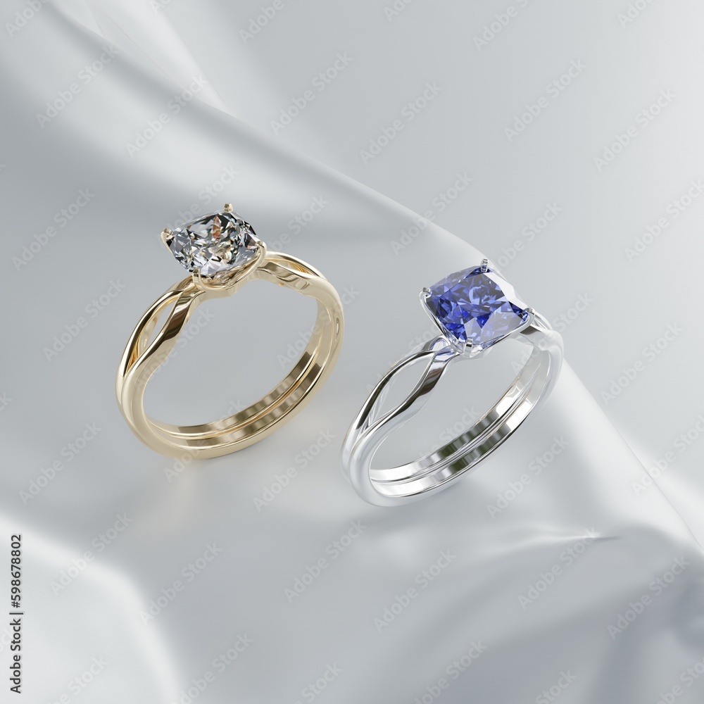 3D rendering of gold and platinum engagement ring jewelry design with diamonds on white fabric background. 3D rendering of gold and platinum engagement ring jewelry design with diamonds on white fabric background.