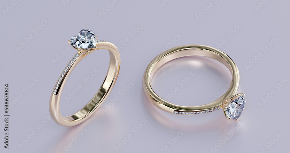 3D rendering of gold wedding ring jewelry design with heart shaped diamonds on white background in studio light gifts for valentines day It's a ring for someone you love. 3D rendering of gold wedding ring jewelry design with heart shaped diamonds on white background in studio light gifts for valentines day It's a ring for someone you love.