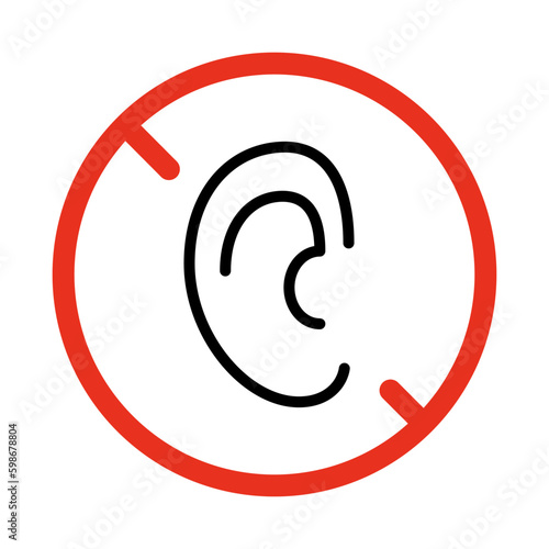 Dont hear symbol, ear restriction, deaf line icon. Limit hear sign. Ear no. Danger to hear. Icon of ear in red prohibition circle. Vector