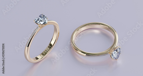 3D rendering of gold wedding ring jewelry design with heart shaped diamonds on white background in studio light gifts for valentines day It's a ring for someone you love.