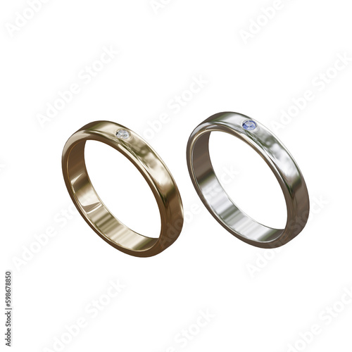 White and gold rings with small diamonds on isolated background, 3D rendering. Wedding ring. Jewelry gift.