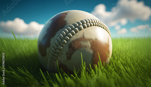 Old, distressed, worn out baseball on grass. Generative AI