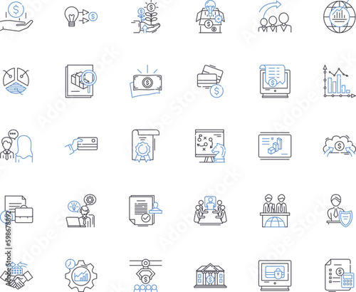 Investment plan line icons collection. Stocks, Bonds, Mutual funds, ETFs, Diversification, Risk, Portfolio vector and linear illustration. Returns,Assets,Allocation outline signs set Generative AI