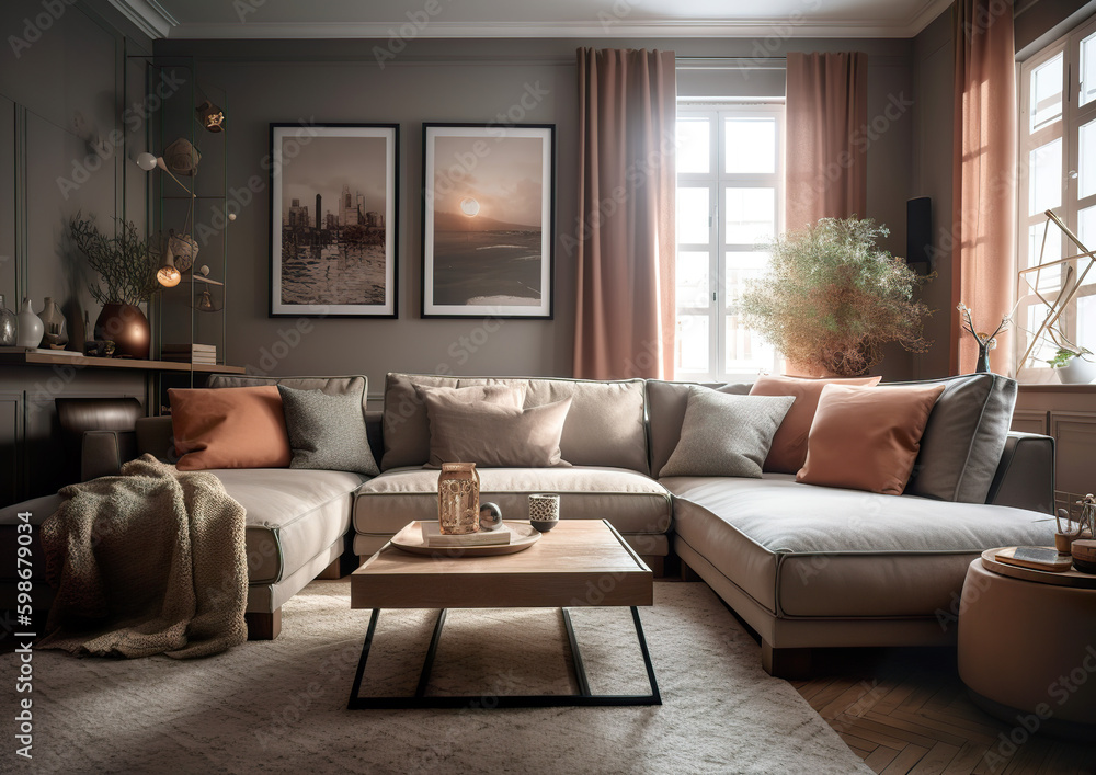 Modern home and its necessary accessories. Real cozy apartment interior and the additional pillows suggest the warmth of the home. Modern design. AI generated illustration.