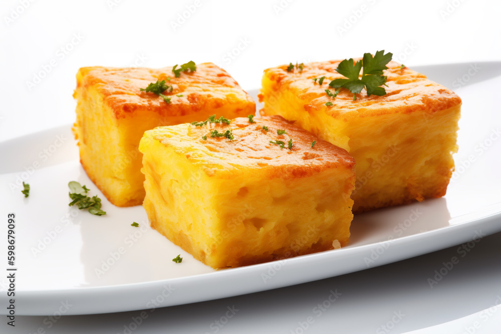 Sopa Paraguaya, cornbread made with cheese and onions, AI generative food image on white plate Sopa Paraguaya, cornbread made with cheese and onions, AI generative food image on white plate