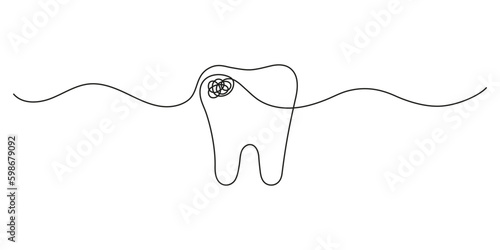 Carious tooth, continuous art line drawing. Dentistry health of teeth. Destruction of integrity of tooth. Single hand drawn outline style. Vector