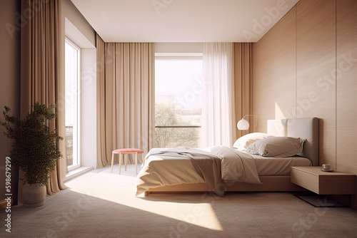 Minimal interior design bedroom with beige cozy tone style  decorate with wooden bed  lamp  white pillows  table  and brown tone background  empty wall for mock up and banner  with Generative Ai.