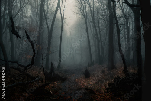 Dark foggy forest. AI generative spooky natural Halloween background.