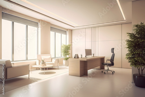 Minimal interior modern office space room with beige cozy tone style  decorate with armchair  desk  and row of computers  empty wall for mock up and banner  with Generative Ai.