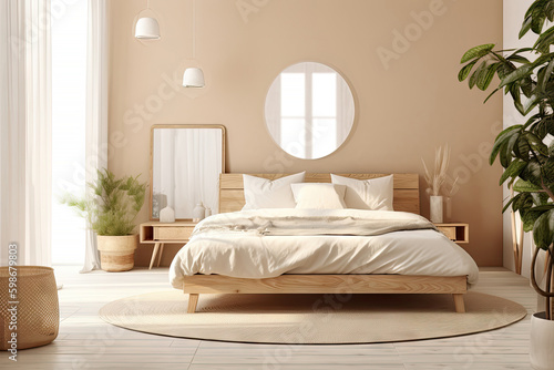 Minimal interior design bedroom with beige cozy tone style  decorate with wooden bed  lamp  white pillows  table  and brown tone background  empty wall for mock up and banner  with Generative Ai.