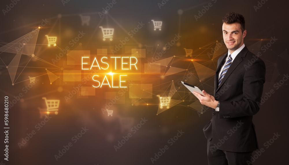 Businessman thinking about shopping concept Businessman thinking about shopping concept