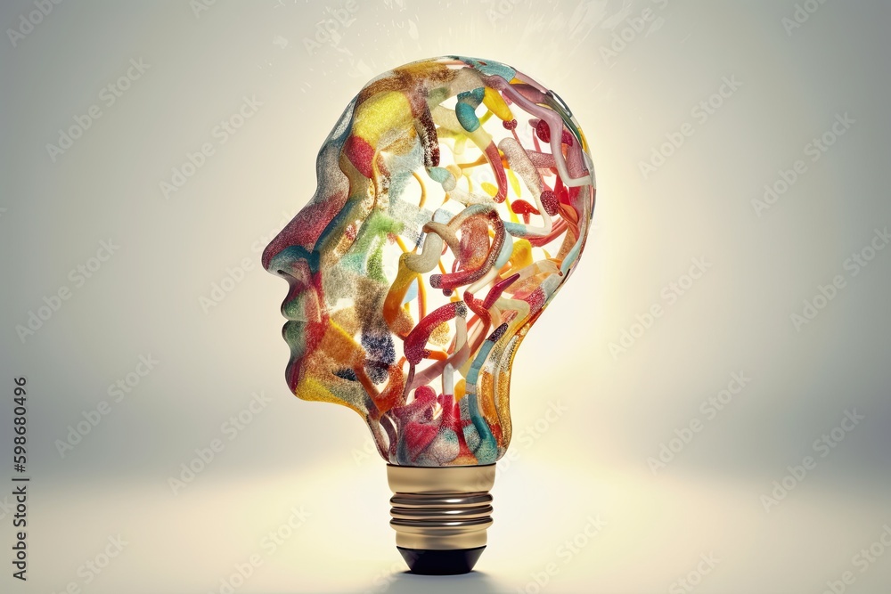 Colorful profile of a head illuminated as a light bulb, a symbol of mental activity, intelligence, creativity on a dark background. Generative AI