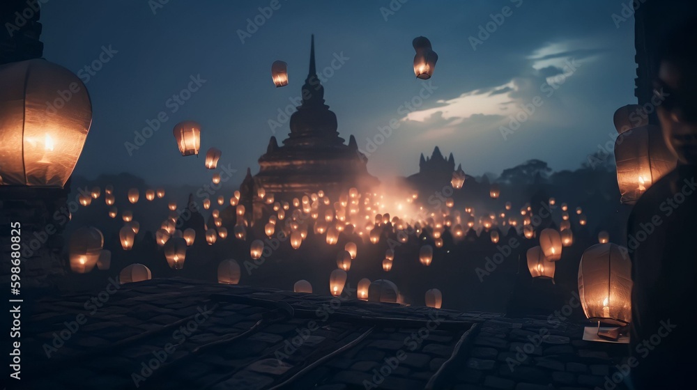Vesak day in Borobudur temple and light a lampion - obrazy, fototapety, plakaty 