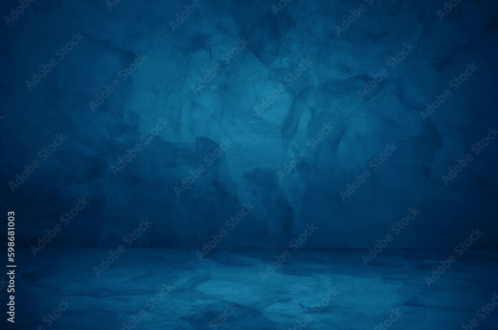 blue plaster stucco wall and floor interior room background used as product displayed, mock up, template for advertising. blue concrete room background. pedestal or stage backdrop.