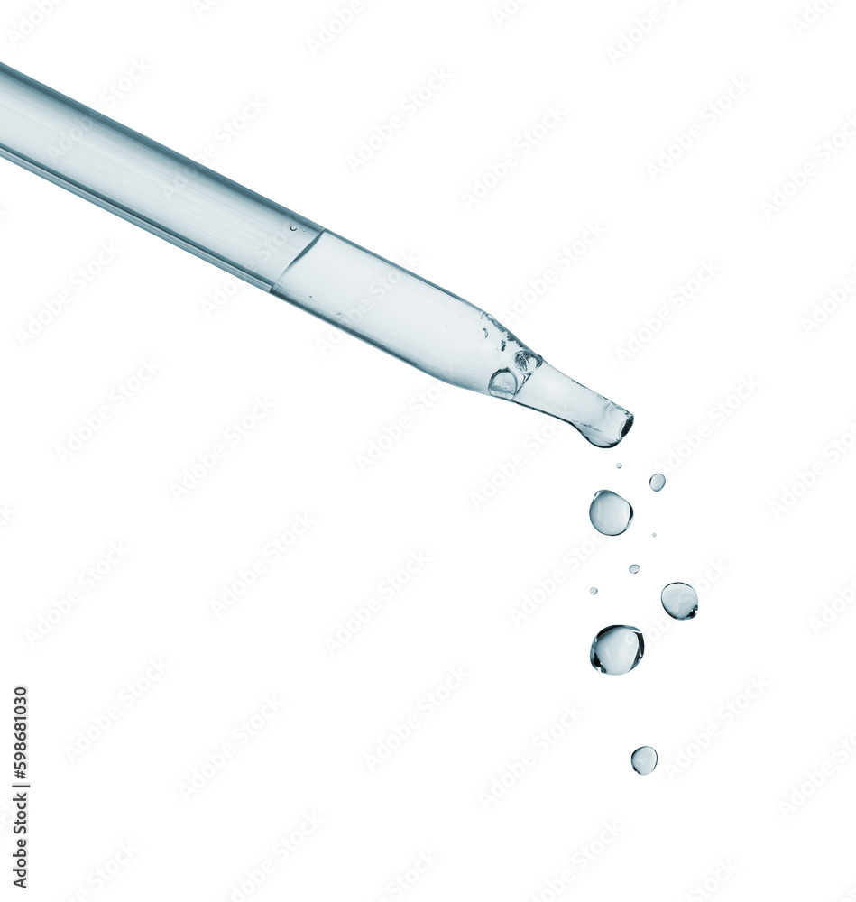 Cosmetic pipette with dripping drops close-up isolated on a white background Cosmetic pipette with dripping drops close-up isolated on a white background