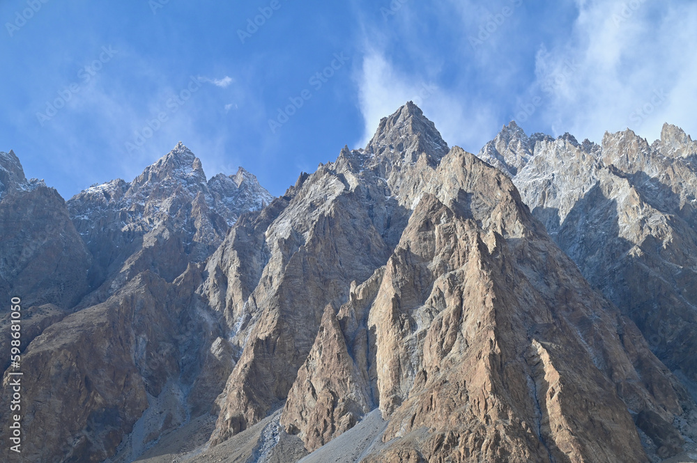 Mountain Peak of Passu Cones of Karakoram Range Lit By Sunlight