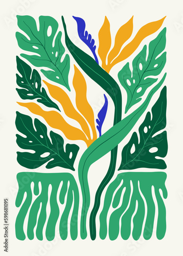Floral abstract elements. Tropical Botanical composition. Modern trendy Matisse minimal style. Floral poster, invite. Vector arrangements for greeting card or invitation design