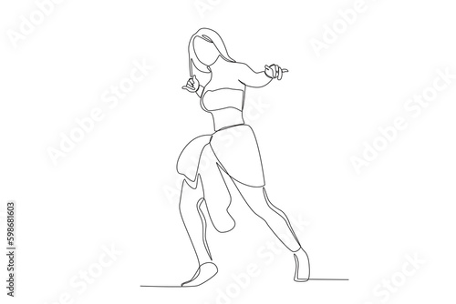 A woman with long hair is dancing an African tribal dance. Africa tribe one-line drawing