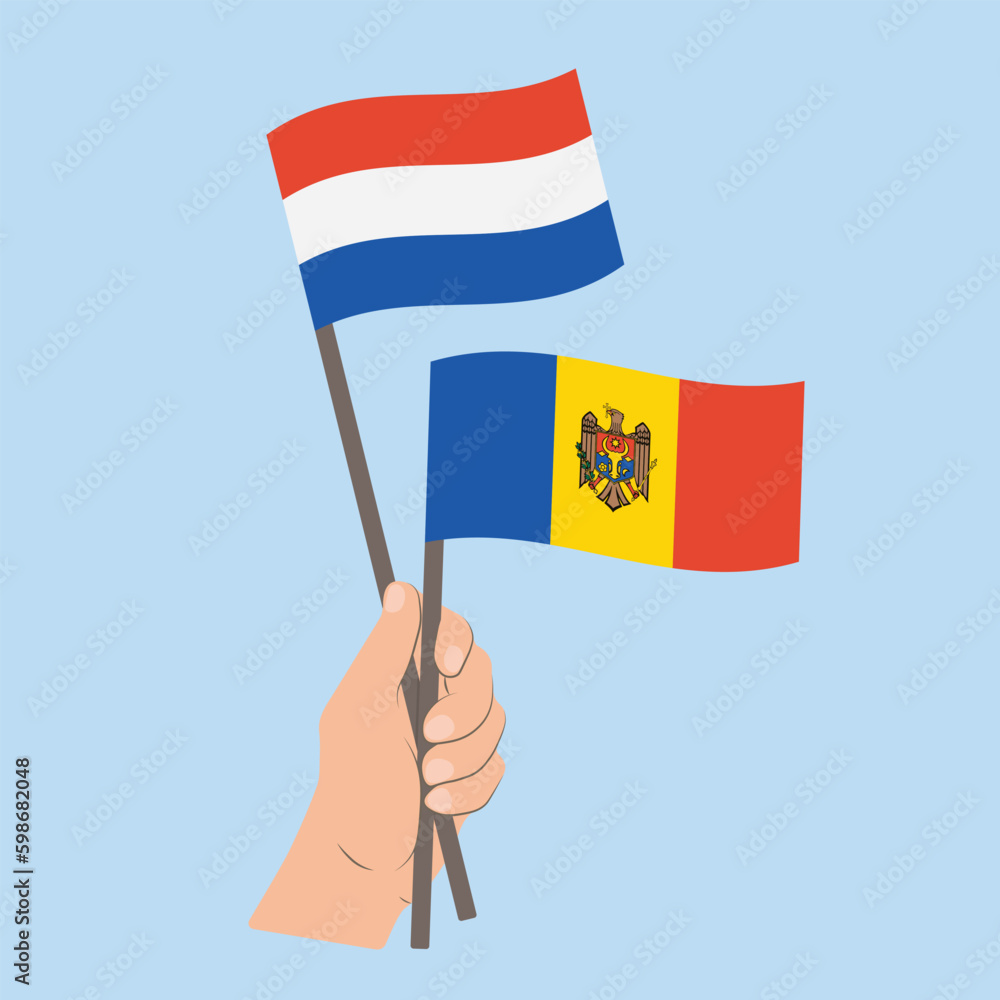 Flags of the Netherlands and Moldova, Hand Holding flags Flags of the Netherlands and Moldova, Hand Holding flags
