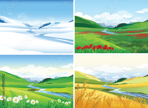 Seasons, winter, spring, autumn, summer. Vector illustration with mountains, valleys, rivers and flowers. four Seasons