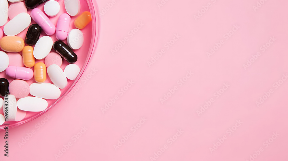 Pills on pink background