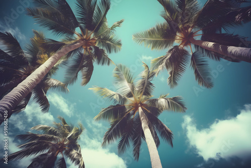 Blue sky and palm trees view from below, vintage style. generative ai © Anastasiya