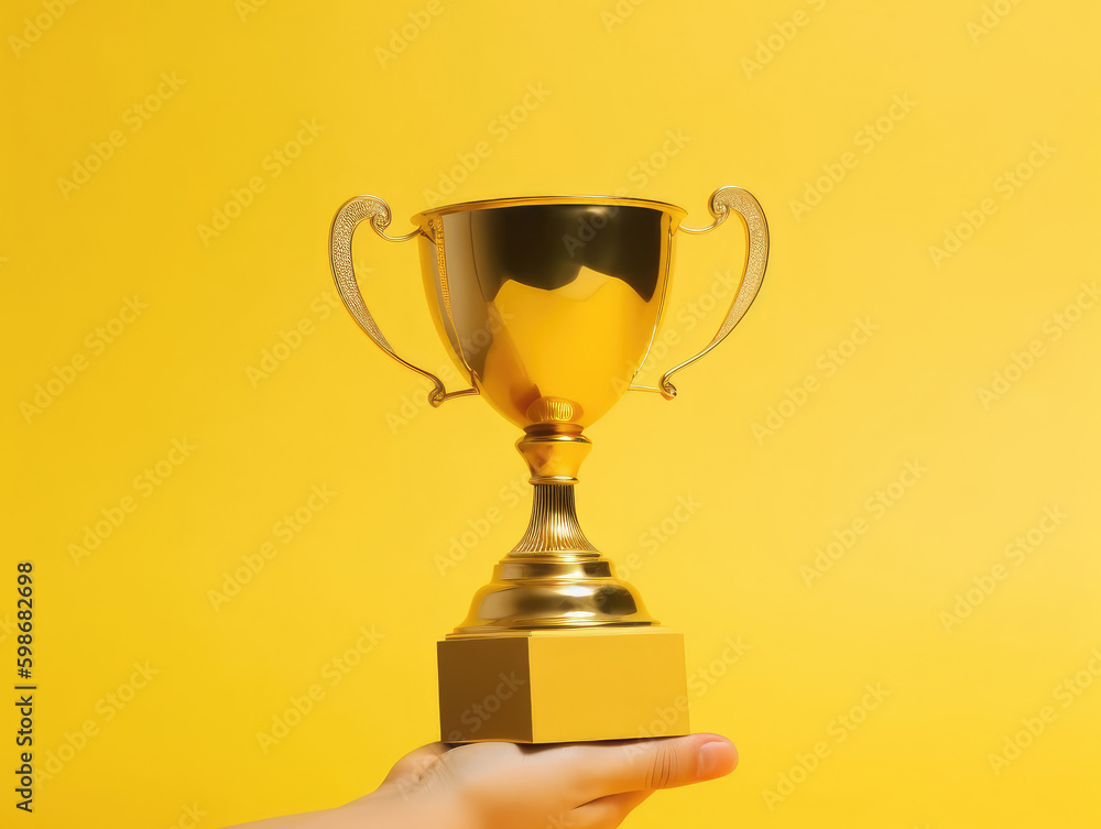 Hand holding a golden first trophy cup against yellow Hand holding a golden first trophy cup against yellow