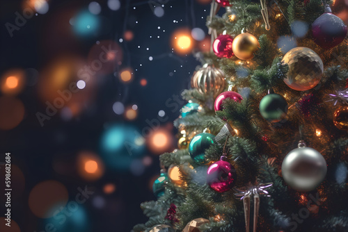 Christmas background - baubles and branch of spruce tree. generative ai