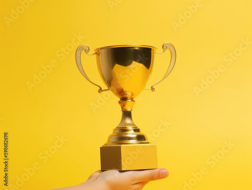 Hand holding a golden first trophy cup against yellow