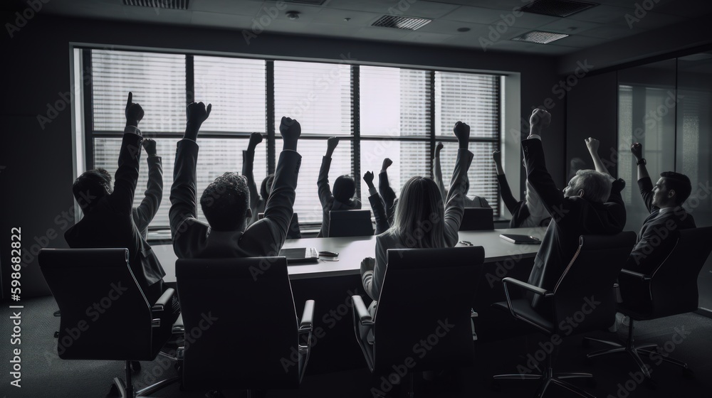 Fototapeta premium A dramatic photo of a group of executives raising their hands in triumph in a sleek, modern conference room. Generative AI