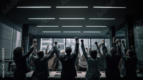 A dramatic photo of a group of executives raising their hands in triumph in a sleek, modern conference room. Generative AI