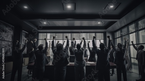 A dramatic photo of a group of executives raising their hands in triumph in a sleek, modern conference room. Generative AI