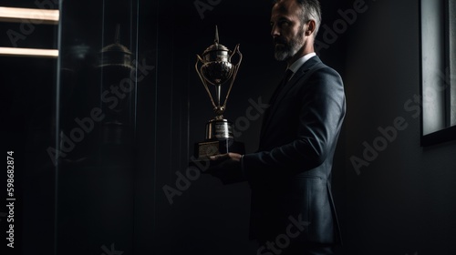 A dramatic photo of a business leader holding up a trophy in a dark and moody office space. Generative AI