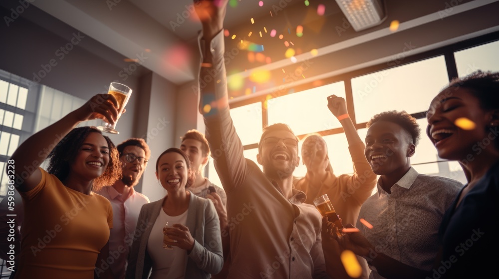 A dynamic photo of a diverse team of business professionals celebrating their success with high fives and fist bumps in a bright and modern office space. Generative AI