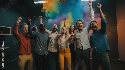 A dynamic photo of a diverse team of business professionals celebrating their success with high fives and fist bumps in a bright and modern office space. Generative AI