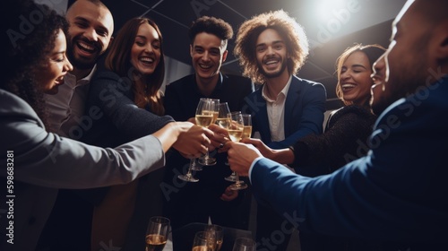 A group of young business professionals celebrating a successful partnership deal in a modern office. Generative AI