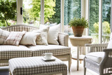 Check pattern furniture in conservatory in the English country style house. Generative AI