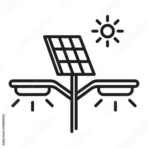 Solar panel lighting system, street lamp, autonomous solution. Energy efficient lantern vector line icon