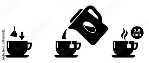 Tea brew instruction icons. Set of outlined tea icons.  Tea making instruction, guidelines vector illustration.