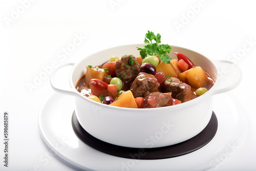 Carbonada, soup or stew made with beef, vegetables, and fruit, AI generative.