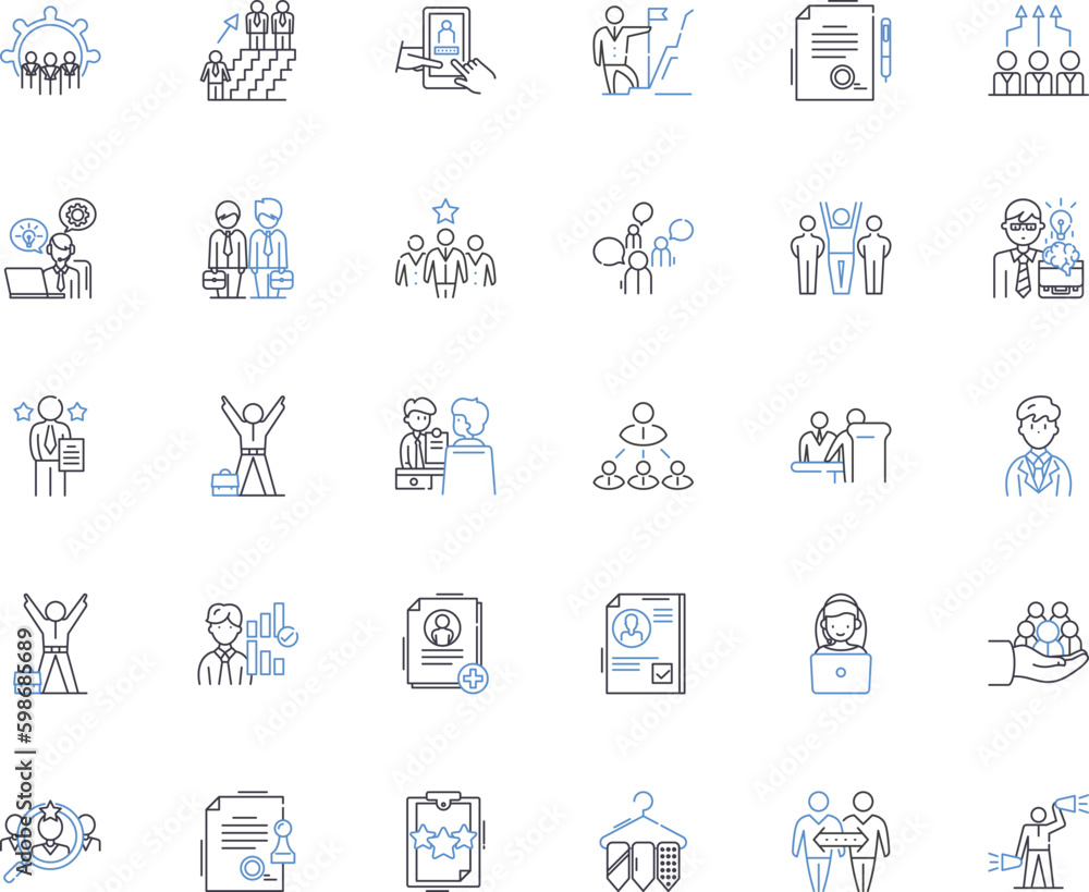 Corporate personnel line icons collection. Staffing, Recruiting, HR, Hiring, Employees, Personnel, Training vector and linear illustration. Retention,Onboarding,Workplace outline signs Generative AI