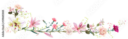 Panoramic view  bouquet of carnation  lilies  spring blossom. Horizontal border for Mothers Day or wedding invitation. Gentle realistic illustration in watercolor style on white background. Vector